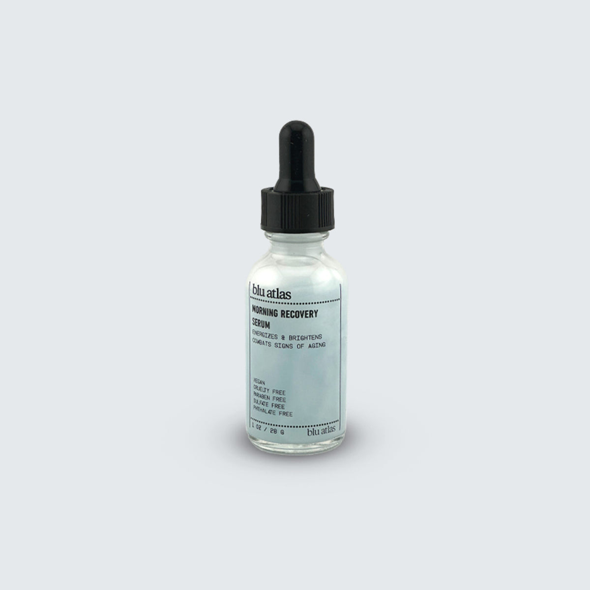 A clear glass dropper bottle labeled Blu Atlas Morning Recovery Serum with a black cap, highlighted by Copper Tripeptide-1, sits against a plain light gray background.