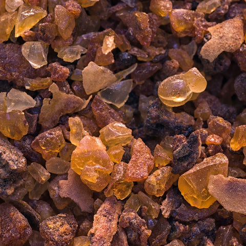 Close-up of golden-brown resin crystals scattered, showing varying sizes and textures.