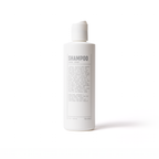 White bottle of Natural Shampoo for All Hair Types by Blu Atlas with a black text label on a white background.