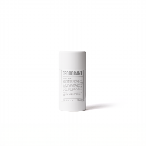 A white cylindrical 48-Hour Natural Deodorant stick by Blu Atlas, labeled Santal Cedar, featuring black and gray text on the packaging and infused with natural Bamboo Extract for lasting freshness.