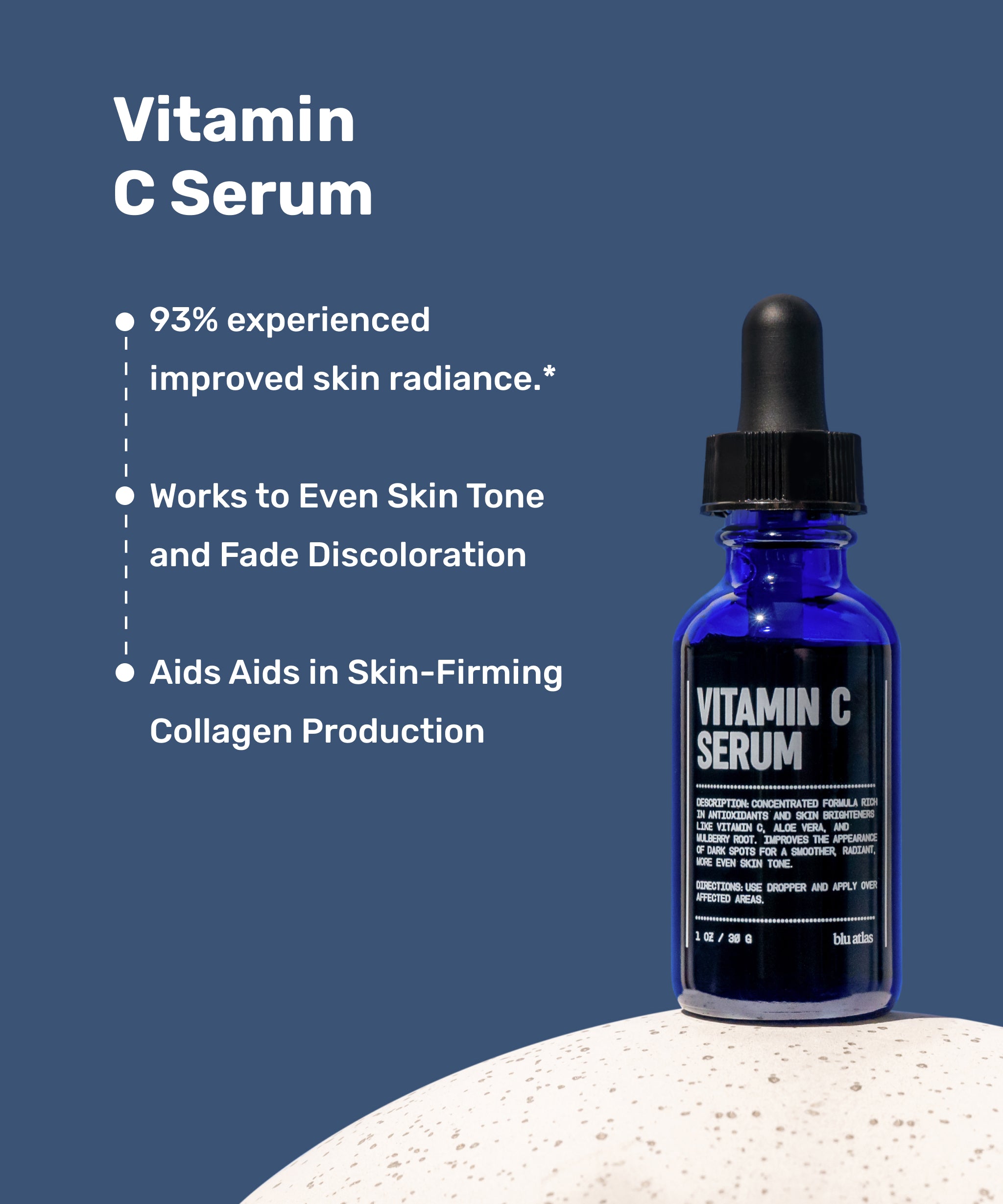 The Better Skin Set by Blu Atlas includes a blue bottle of Vitamin C Serum with natural ingredients aimed at enhancing skin radiance, evening out skin tone, reducing discoloration, and supporting collagen production—ideal for daily skincare routines.