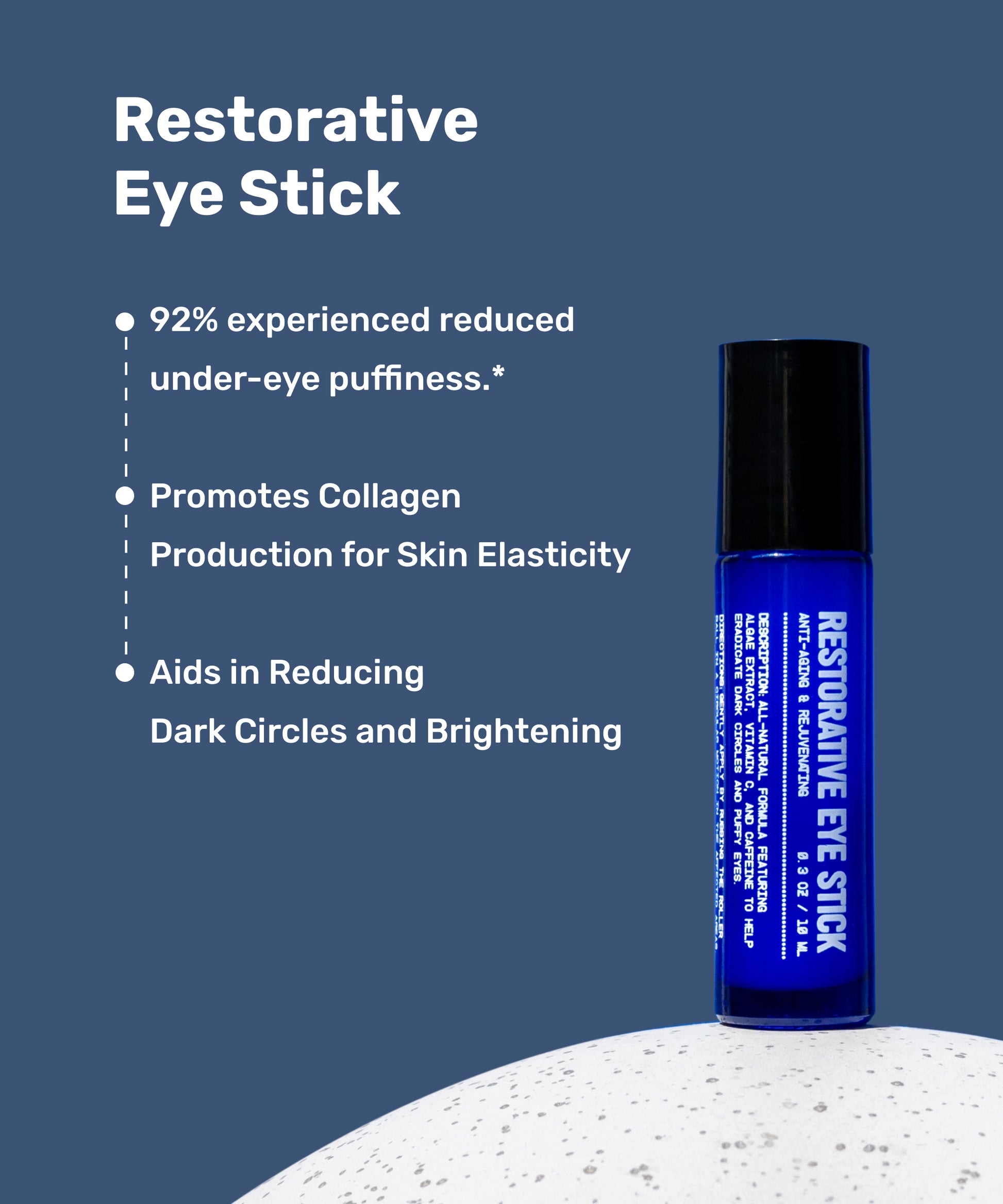 The Blu Atlas Better Skin Set features a blue restorative eye stick on a speckled surface, ideal for daily skincare; it combines natural ingredients to reduce puffiness, improve elasticity, and minimize dark circles.