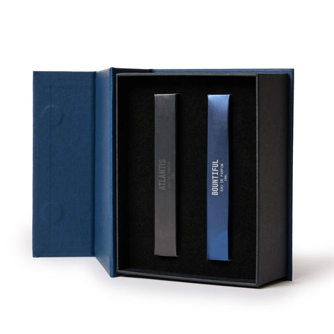 Blu Atlas blue gift box with two 10 ml vials of Atlantis and Bountiful cologne in box