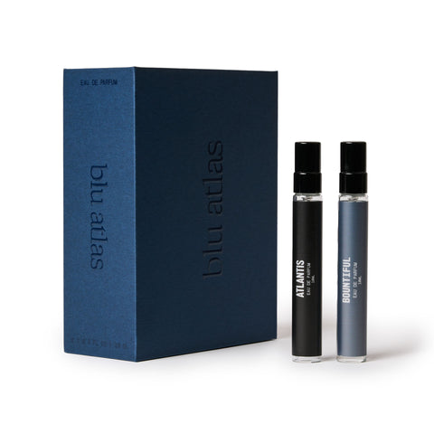 Blu Atlas blue gift box with two 10 ml vials of Atlantis and Bountiful cologne