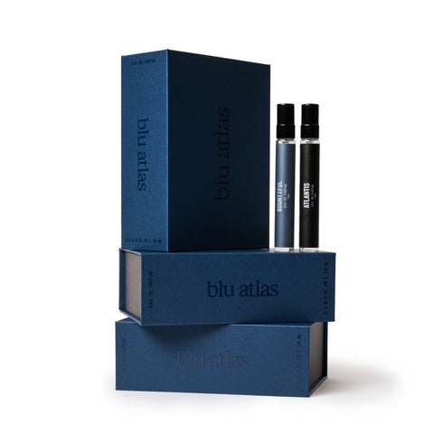 Blu Atlas blue gift box with two 10 ml vials of Atlantis and Bountiful cologne