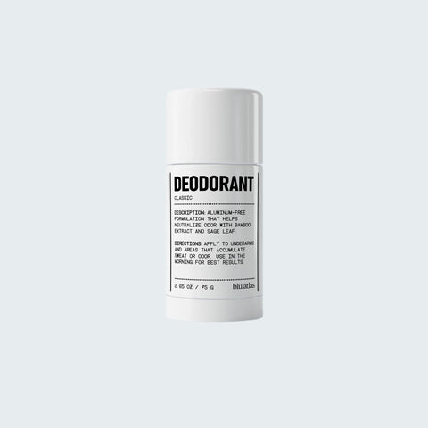 The white cylindrical Add 48-Hour Natural Deodorant from Blu Atlas features Bamboo Extract and Sage Leaf, emphasizing its aluminum-free formula. The products instructions highlight a blend of natures best elements for maintaining daily freshness.