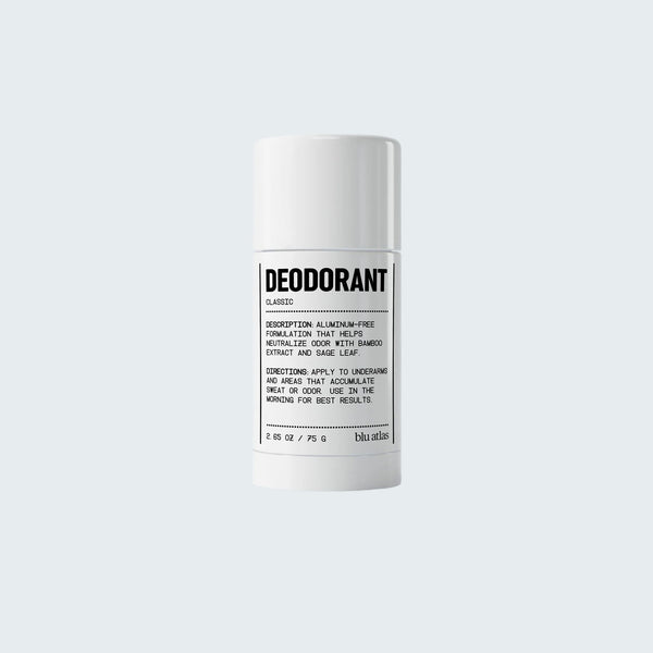 The white cylindrical Add 48-Hour Natural Deodorant from Blu Atlas features Bamboo Extract and Sage Leaf, emphasizing its aluminum-free formula. The products instructions highlight a blend of natures best elements for maintaining daily freshness.
