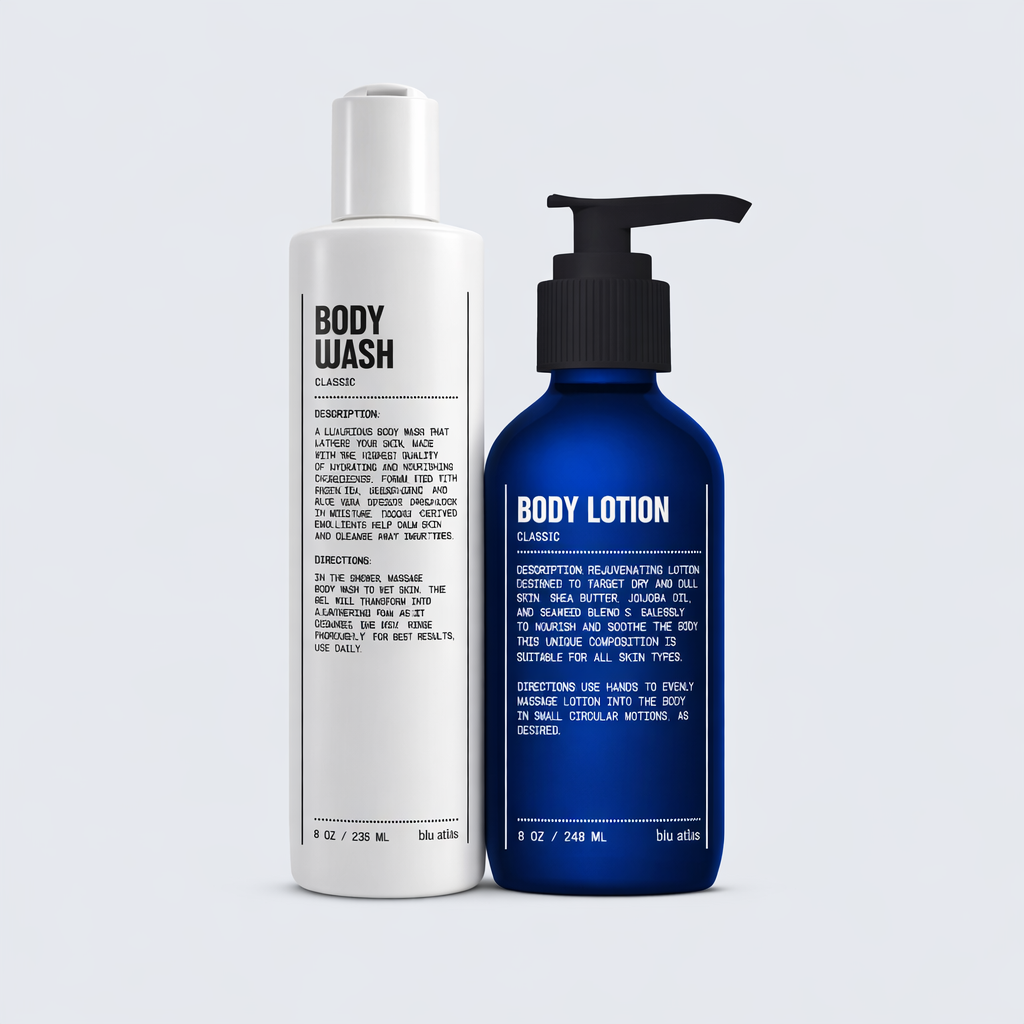 Two bottles of Blu Atlas Body Essentials—a white Body Wash and a blue pump Fragrance Free Body Lotion—stand side by side against a light background, showcasing gentle cleansing and skin hydration.