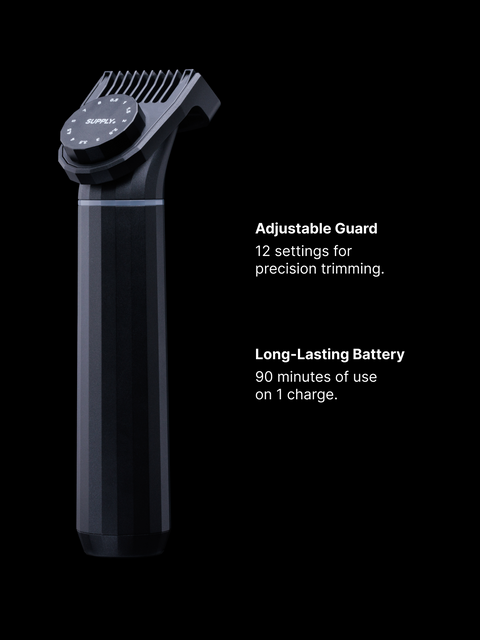 Introducing the Beard Refresh Bundle by Blu Atlas: an electric trimmer with an adjustable guard, offering 12 precision settings and an impressive 90-minute runtime per charge. Elevate your grooming routine with this cutting-edge addition to your beard care collection.