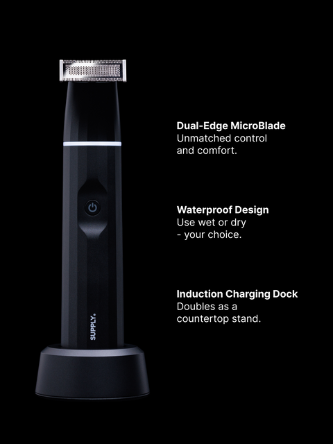 Introducing the Beard Refresh Bundle by Blu Atlas, featuring an electric trimmer with dual-edge microblade technology, a waterproof design, and an induction charging dock. This premium grooming essential enhances precision shaving while delivering a refreshing Coconut Apricot scent.