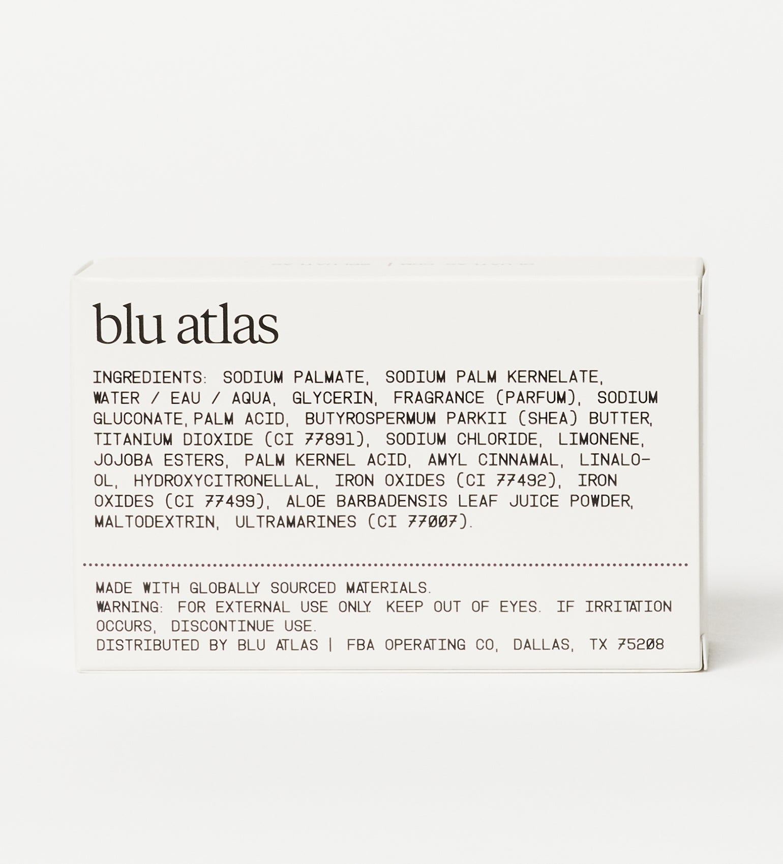 The back of a Blu Atlas Natural Exfoliating Bar Soap box showcases the ingredients list, highlighting nourishing Shea Butter and gentle Jojoba Beads for a smooth cleanse, along with essential warning information.