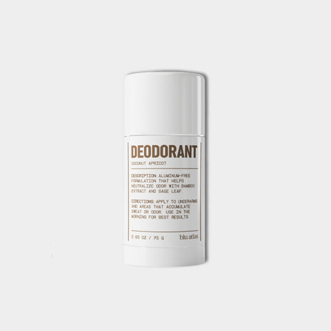 The Blu Atlas Add 48-Hour Natural Deodorant, a white cylindrical stick labeled Deodorant Coconut Apricot, highlights its aluminum-free formula enhanced by natural bamboo extract. Usage instructions are included for freshness.