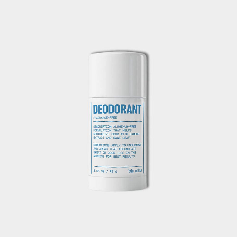 Blu Atlas offers the Add 48-Hour Natural Deodorant, an aluminum-free, white stick for underarms and other areas. It has a blue label and is fragrance-free, featuring natural bamboo extract and sage leaf.