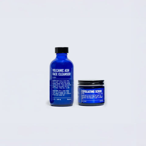 Blu Atlas skincare essentials on a white background: Add Cleanser & Exfoliating Scrub in blue containers with black caps, promise to refresh and elevate your skincare routine.