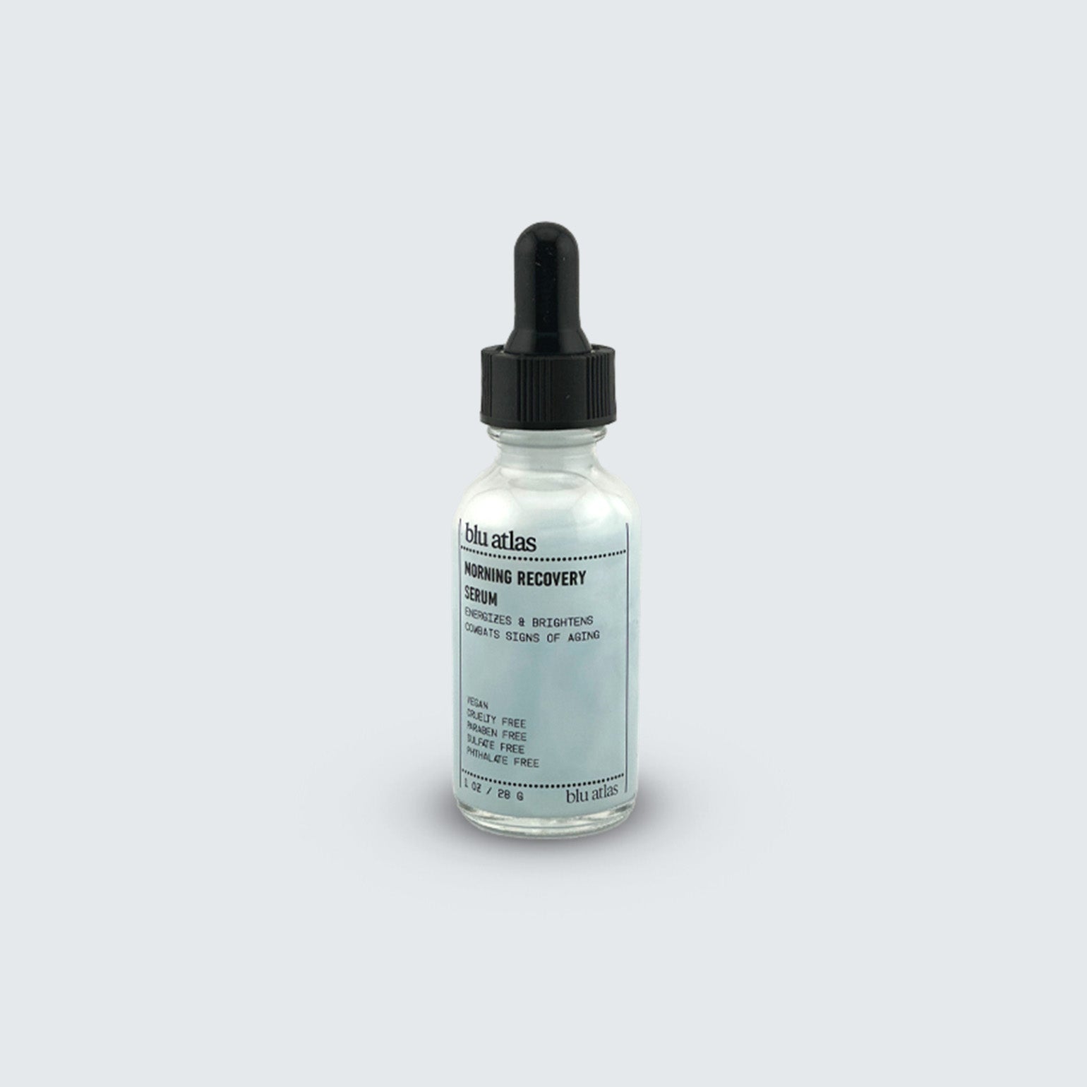 A clear glass dropper bottle labeled Blu Atlas Morning Recovery Serum with a black cap, highlighted by Copper Tripeptide-1, sits against a plain light gray background.