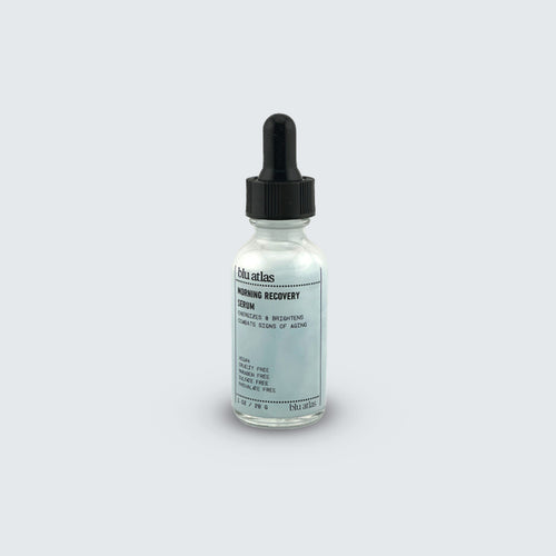 A clear glass dropper bottle labeled Blu Atlas Morning Recovery Serum with a black cap, highlighted by Copper Tripeptide-1, sits against a plain light gray background.