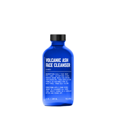 The blue 120 mL Blu Atlas Face Insurance cleanser boasts a Volcanic Ash formula; with white text for instructions and ingredients, it’s your essential step for healthy skin in any skincare routine.
