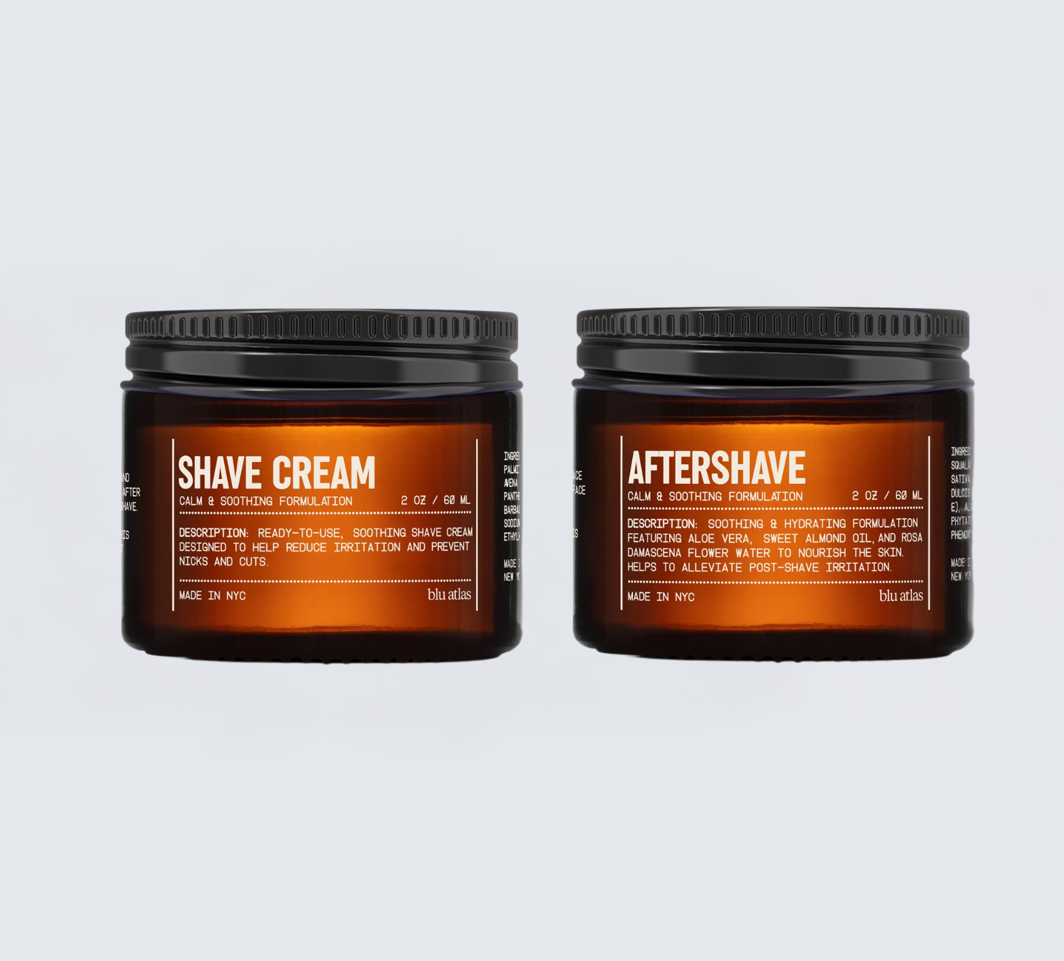 Blu Atlas Shave Essentials (Shave Cream + Aftershave): Two amber jars with black lids feature white and orange text, soothing formulas, and a stearic-acid cushion for a smooth, comfortable shave.