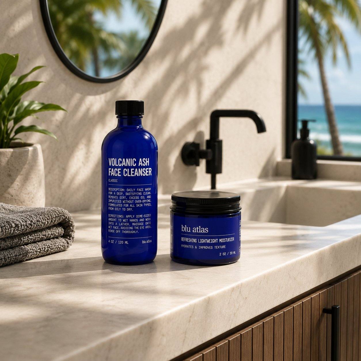 Two blue Blu Atlas Summer Face Essentials containers—a cleanser and a moisturizer—sit on a bathroom counter near a sink, while towels, a round mirror, and a tropical beach view appear through the window in the background.