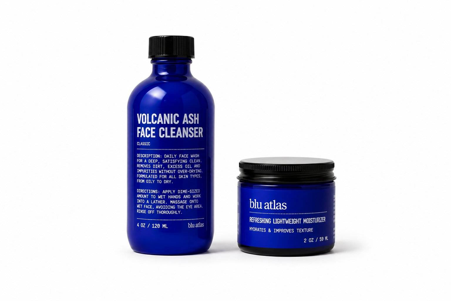 Blu Atlas Summer Face Essentials: two blue containers—a Volcanic Ash Face Cleanser bottle and a Refreshing Lightweight Moisturizer jar—are side by side on a white background, ideal for skin hydration.