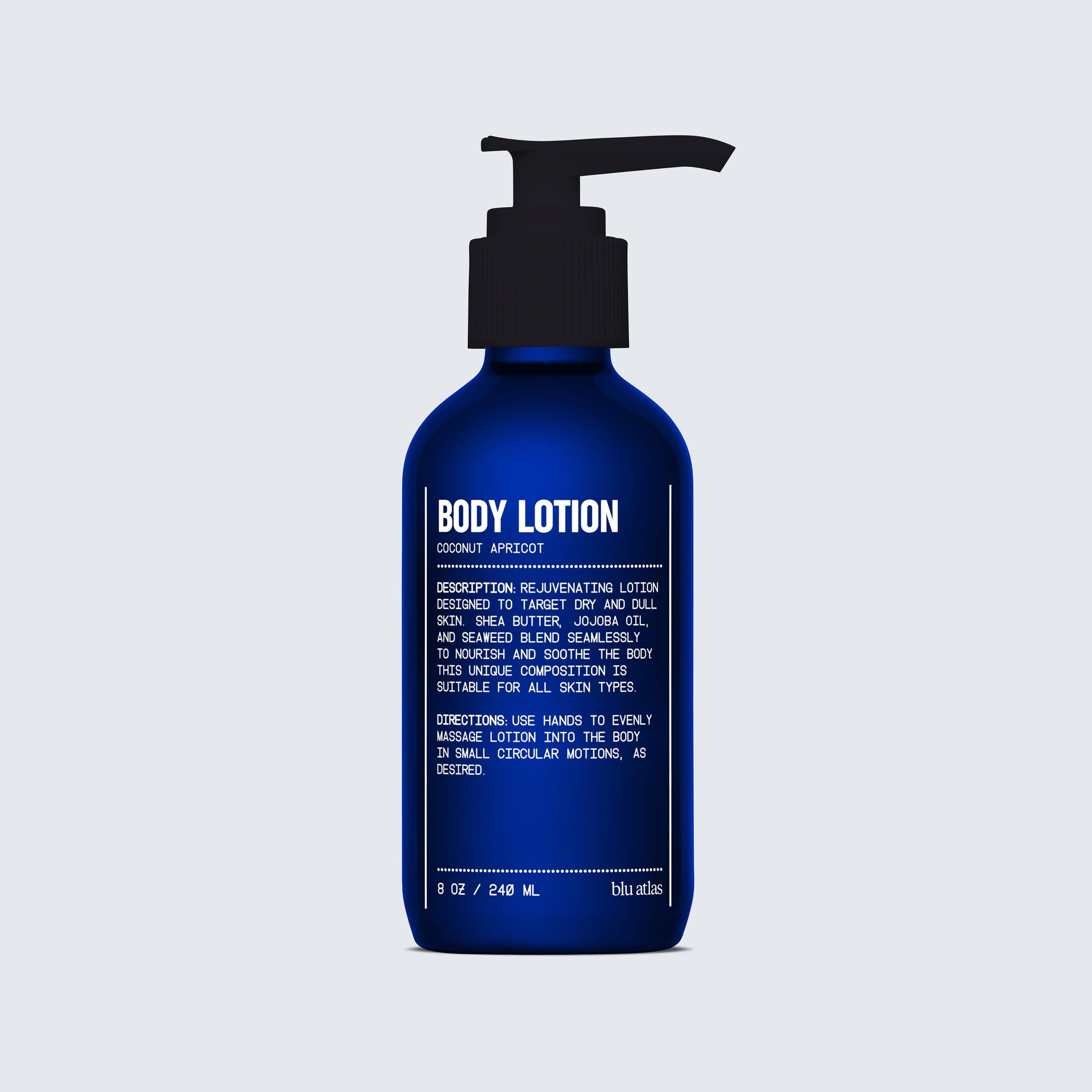 A blue pump bottle labeled "Blu Atlas Nourishing Body Lotion - Coconut Apricot" displays deep moisture benefits and usage instructions in white text on the front.