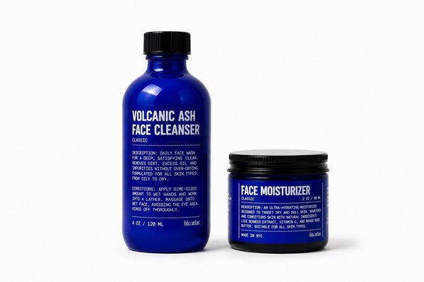 A blue bottle and jar from Blu Atlas, labeled Face Essentials, are side by side on a white background, showcasing a gentle cleanser and nourishing moisturizer for balanced skin.