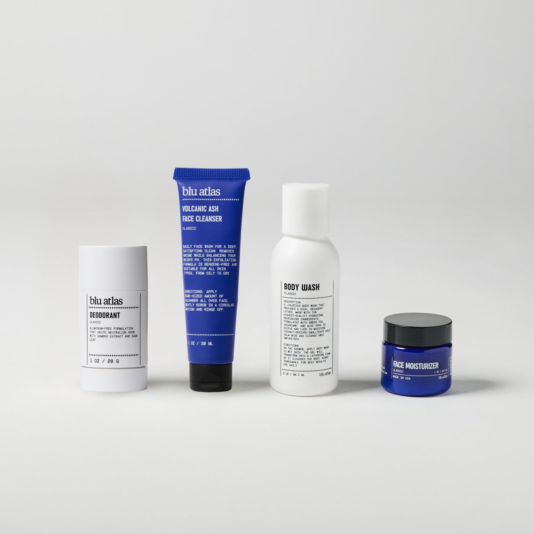 The Blu Atlas Bestseller Mini Bundle, featuring an aluminum-free deodorant, bamboo extract face cleanser, body wash, and face moisturizer, is arranged in a row on a simple light background.