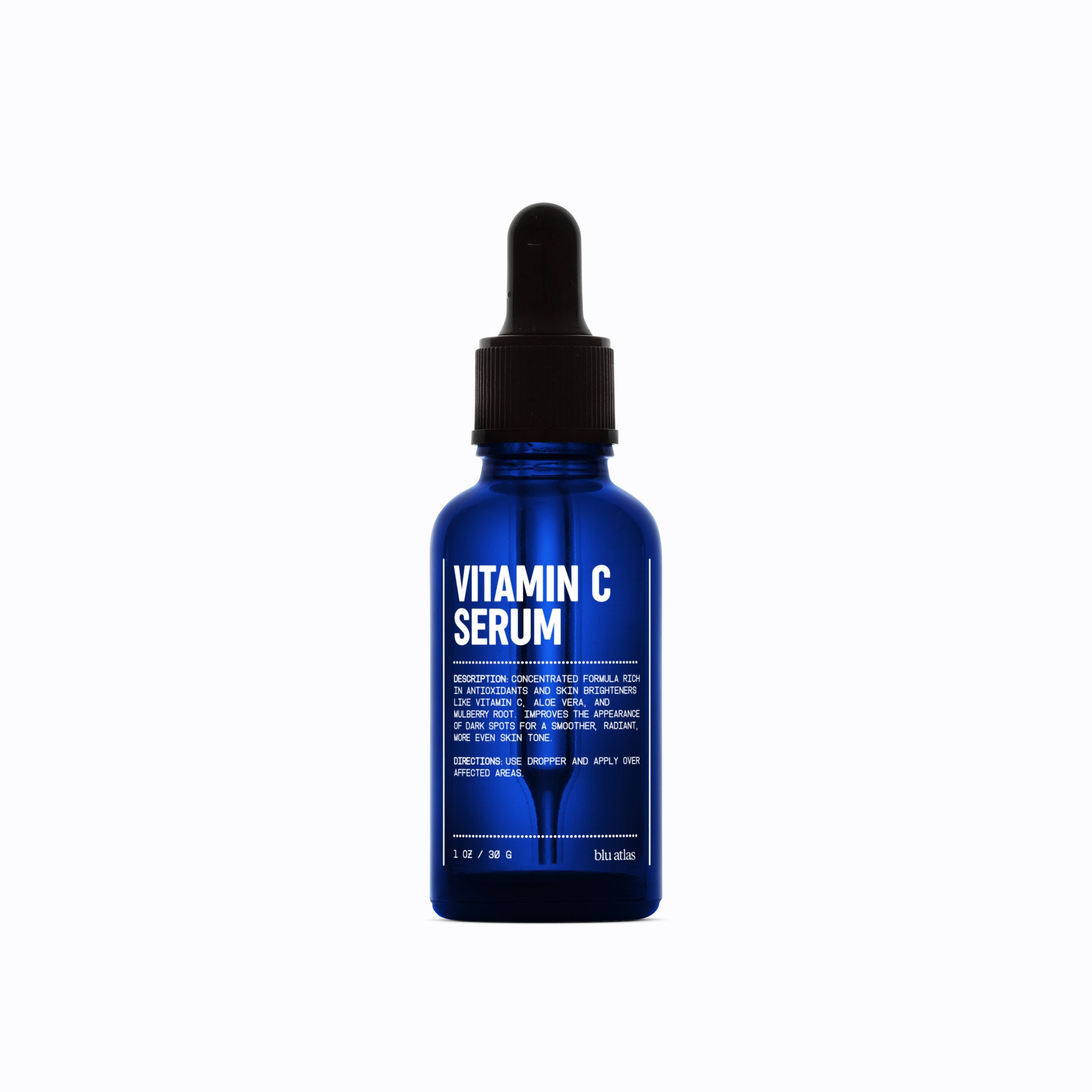 The Advanced Skincare Set from Blu Atlas includes a Vitamin C Serum in a blue bottle, complete with a dropper cap and white text listing product details, making it an ideal addition to your skincare routine.
